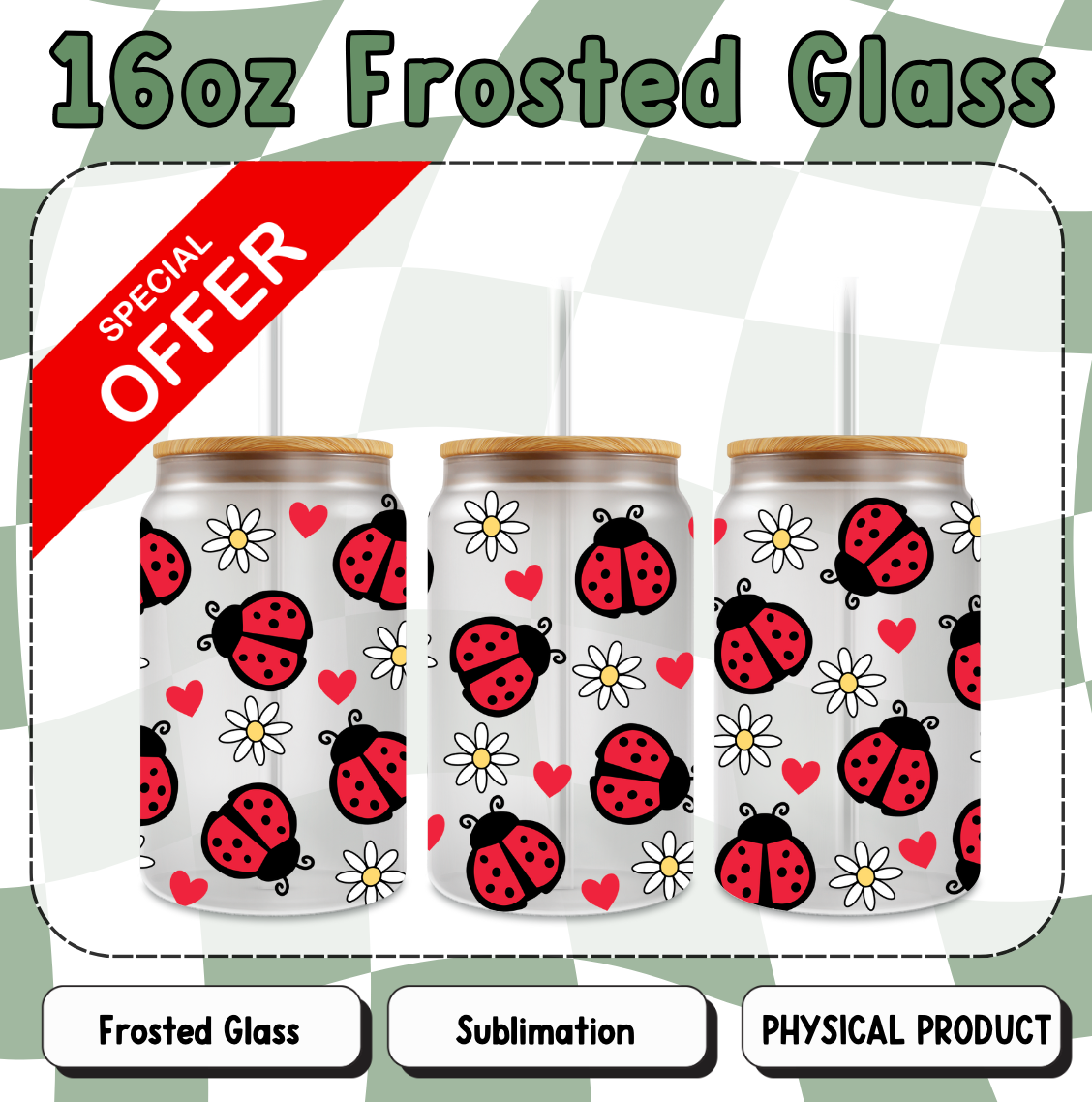 Lady Bugs 16oz Frosted Sublimation Glass Cup