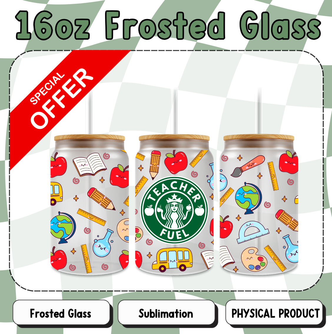 Teacher Fuel 16oz Frosted Sublimation Glass Cup